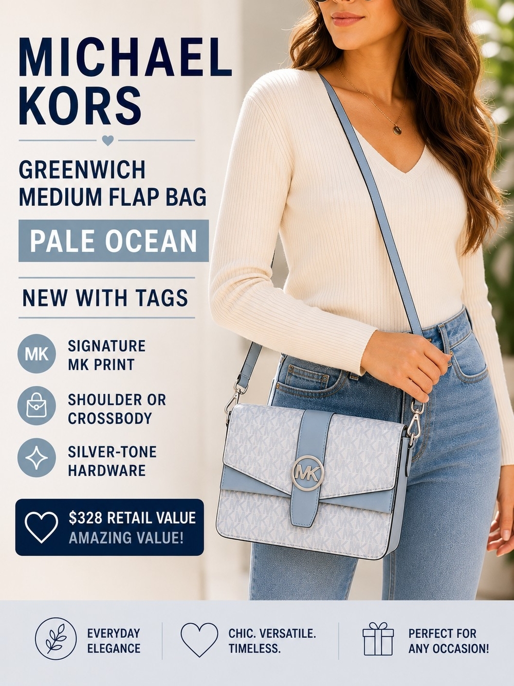 🩵✨️  NWT Michael Kors Greenwich Medium Flap Shoulder Bag Pale Ocean MK 🩵✨️